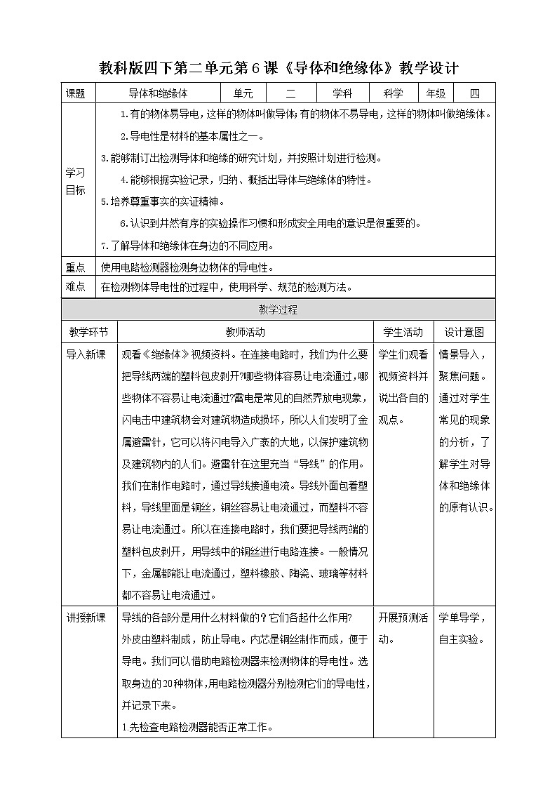 [教科版] 科学四下第二单元 第6课《导体和绝缘体》(课件+教案+习题+素材)01