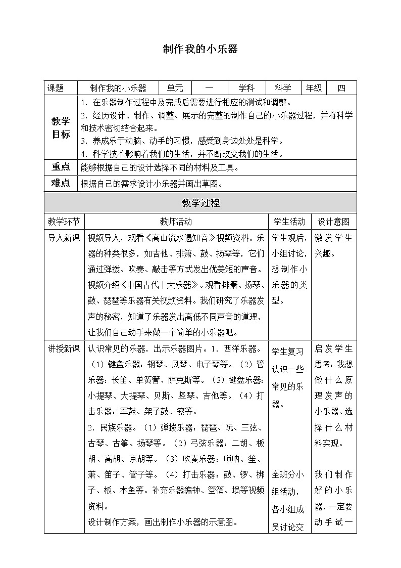 教科版四年级上册科学 声音《制作我的小乐器》教案01