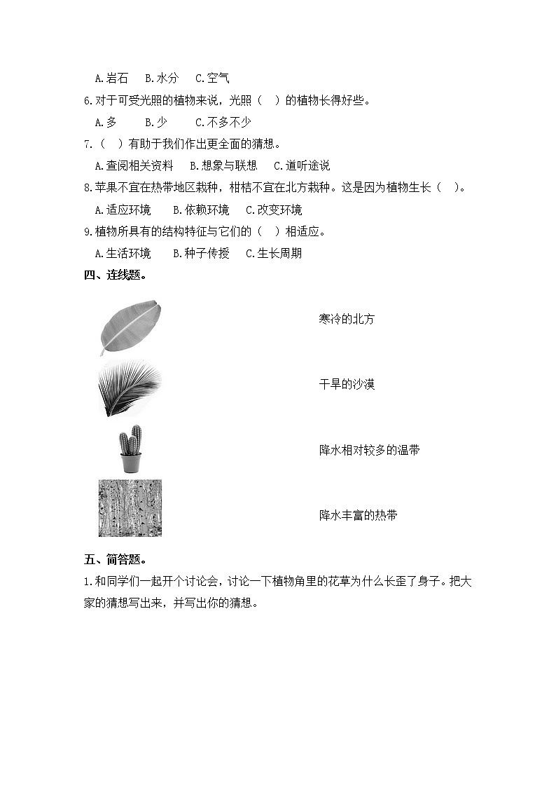 小学科学同步练习六年级上册第一单元《1.植物角里的科学问题》  大象版  （Word含答案）02