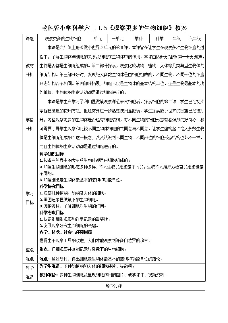 教科版六年级科学上册1.5观察更多的生物细胞课件（24张PPT）+教案（表格式）+实验视频01