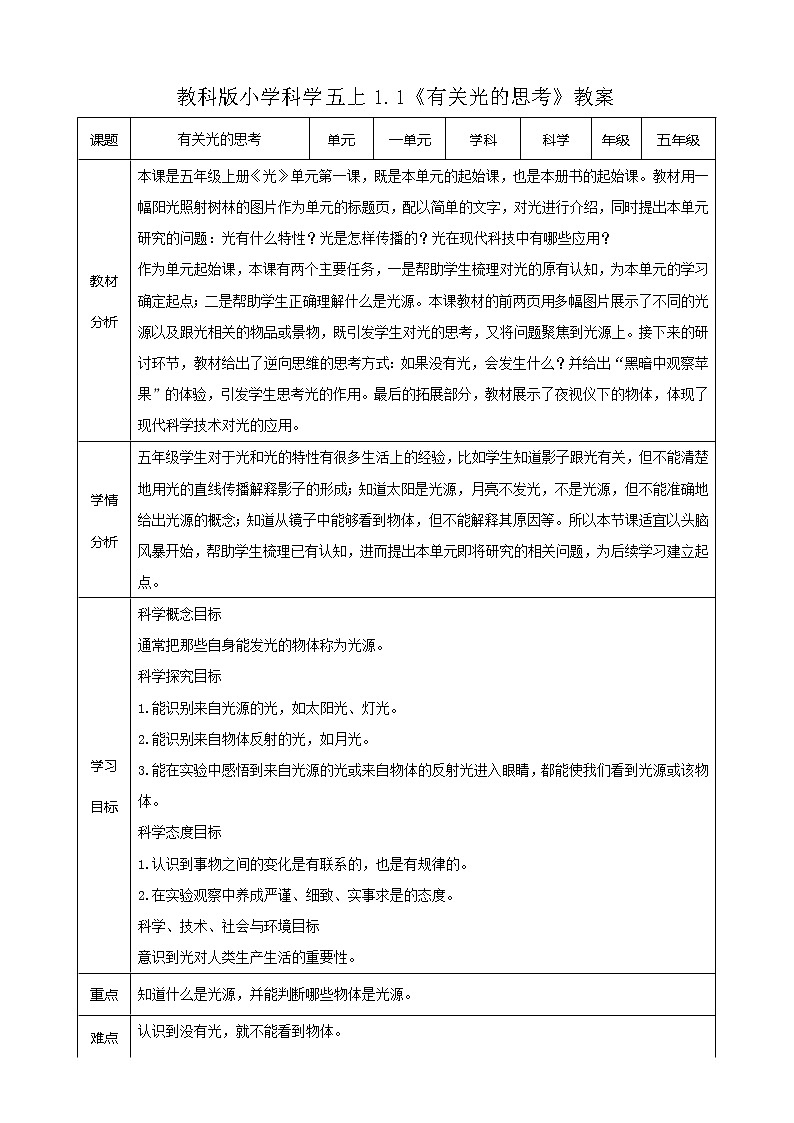 教科版五年级上册科学1.1《有关光的思考》课件+教案+实验视频01