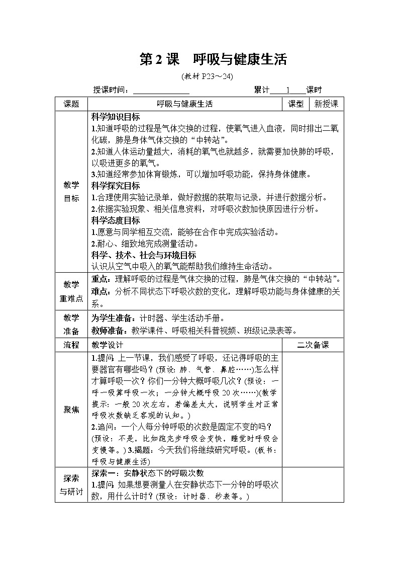 教科版 科学四年级上册《第2课 呼吸与健康生活》教案第1页