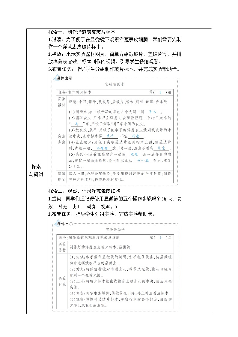 教科版 科学六年级上册《第4课 观察洋葱表皮细胞》教案（表格式）02