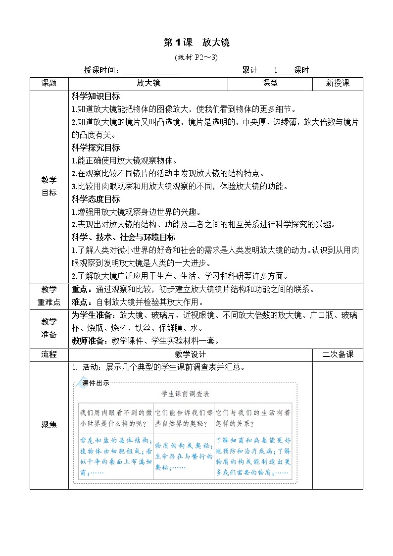 教科版 科学六年级上册 《第1课 放大镜》教案（表格式）02