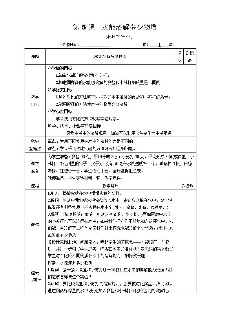 教科版 科学六年级上册 《第5课 水能溶解多少物质》教案（表格式）+课后作业01