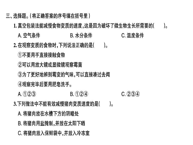 科教版四年级下册科学 第6课时减慢食物变质的速度 习题课件（无答案）第3页