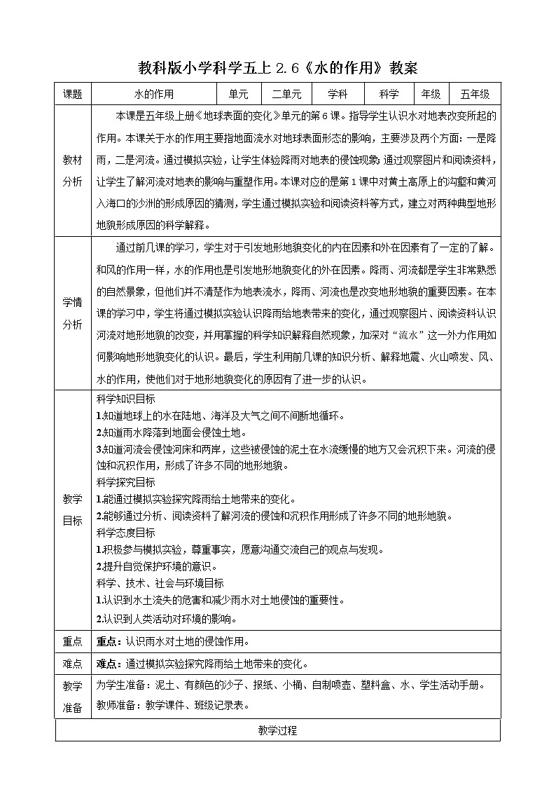 教科版五年级科学（上）2.6水的作用 教学设计（表格式）01