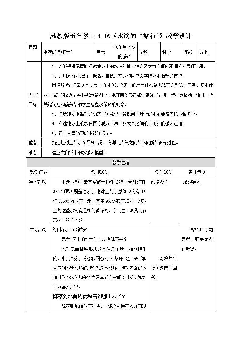 苏教版五年级上册 4.16《水滴的“旅行”》课件+教案+同步练习01