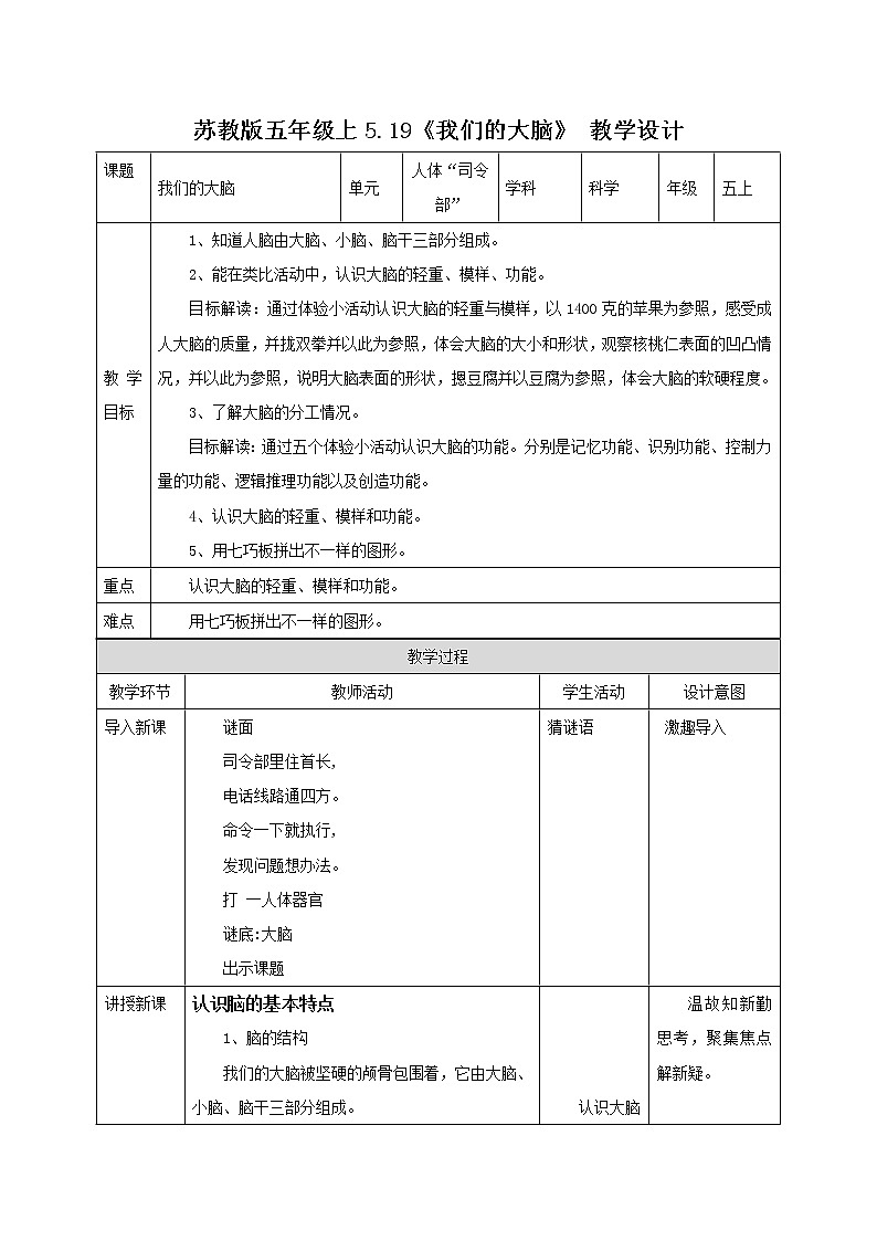 苏教版五年级上册 5.19《我们的大脑》课件+教案+同步练习01