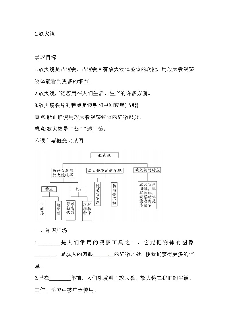 六年级下册科学导学精炼-1 1 放大镜 教科版（含答案）练习题01