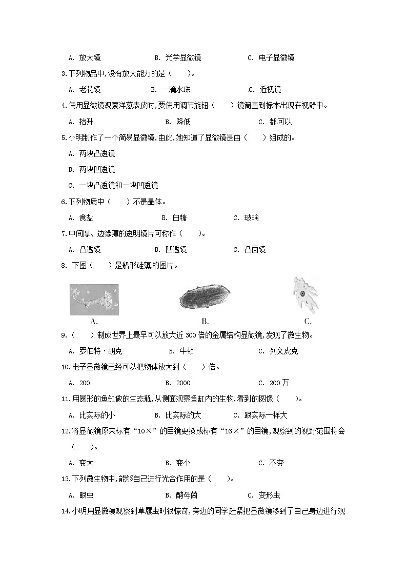 六年级下册科学试题  第一单元 微小世界 教科版 (有答案)02