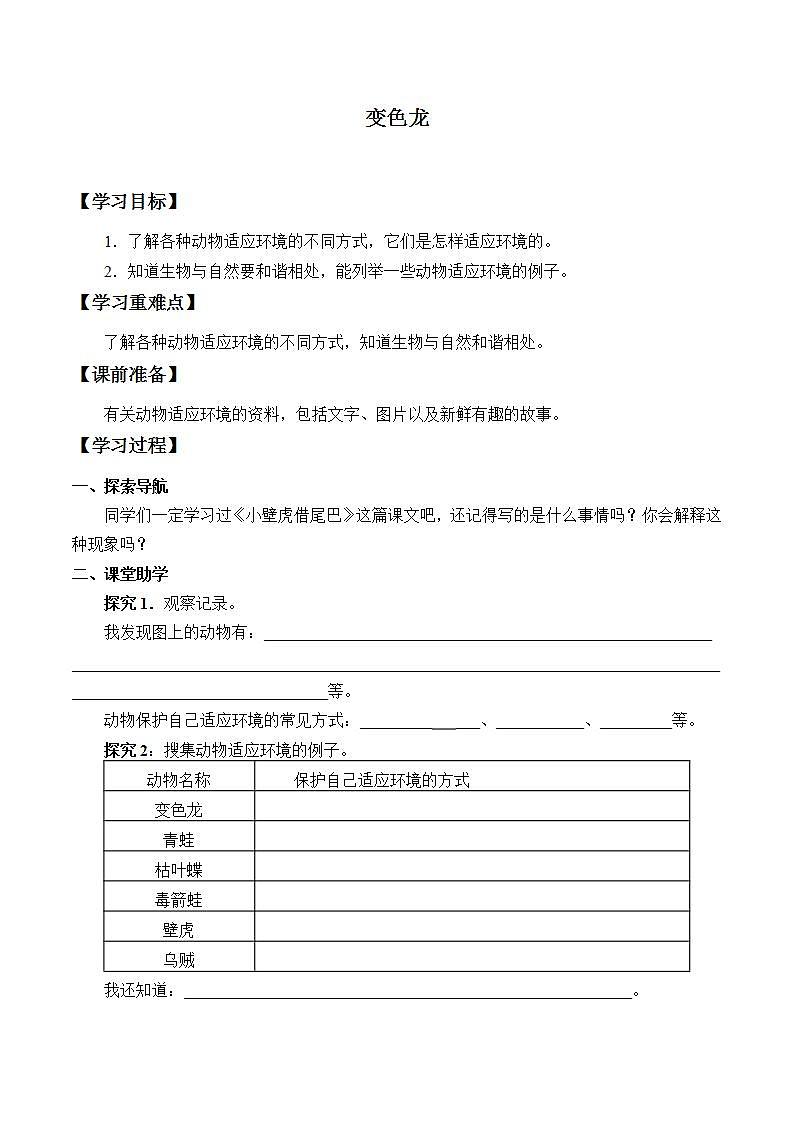 青岛版（六三制）六年级上册 科学 第五单元  生物与环境《变色龙》学案01
