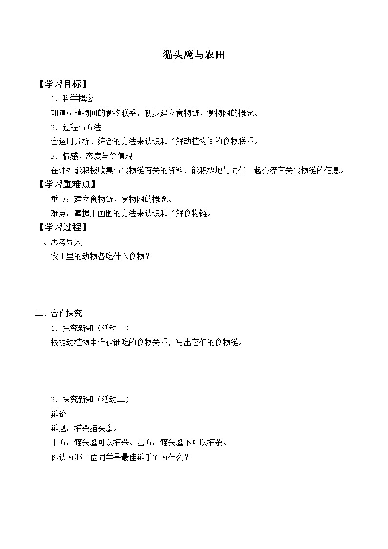 首师大版六年级科学上册6.猫头鹰与农田   学案01