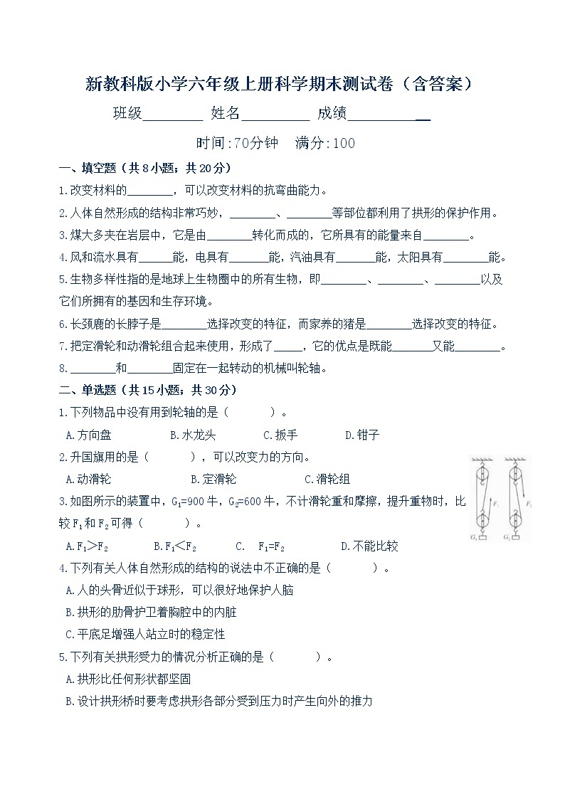 新教科版小学六年级上册科学期末测试卷(含答案)01