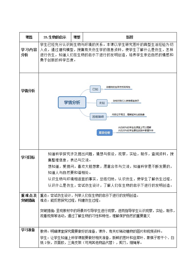 青岛版（六三制）五年级上册科学《23生物的启示》教案第1页