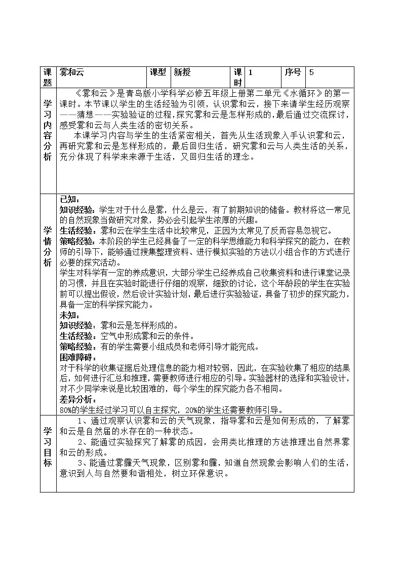 青岛版科学五年级上册5.《雾和云》教案第1页