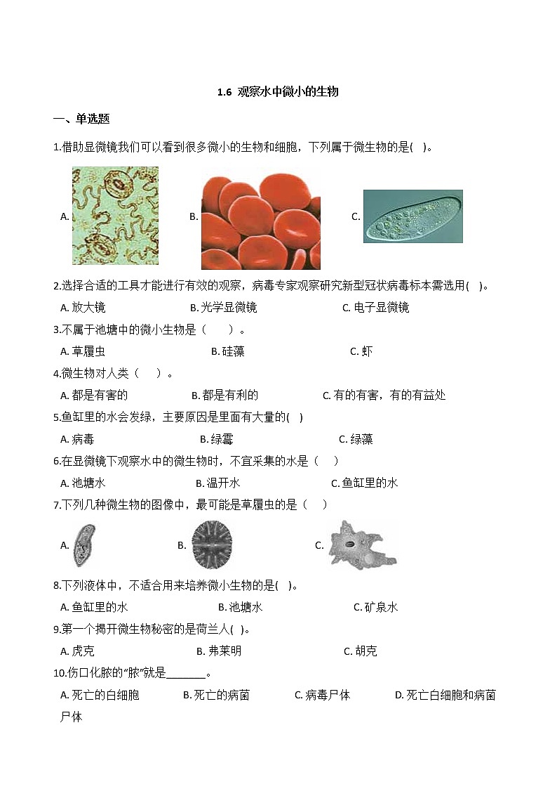 教科版  科学 六年级上册 1.6 观察水中微小的生物 同步练习01