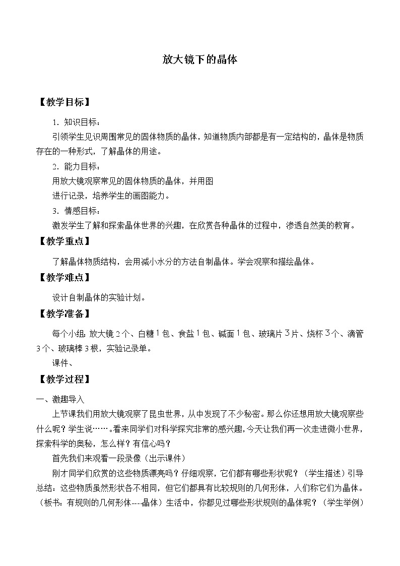 教科版科学六年级下册 1.3 放大镜下的晶体_3 教案第1页