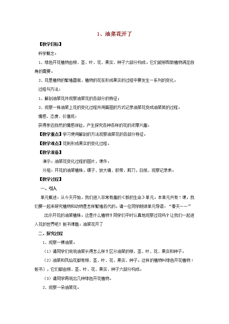 四年级科学下册第二单元新的生命1油菜花开了教案教科版01