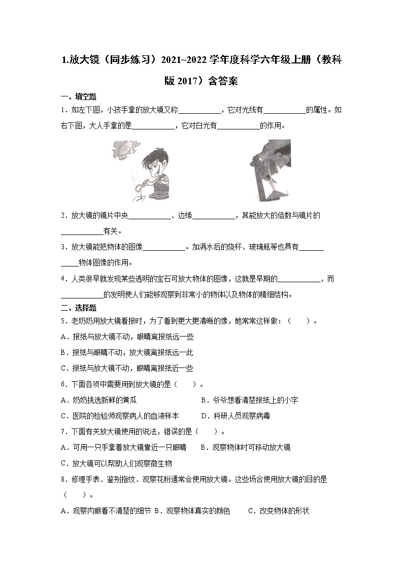 （教科版2017）科学六年级上册1.1.放大镜（同步练习） 含答案01