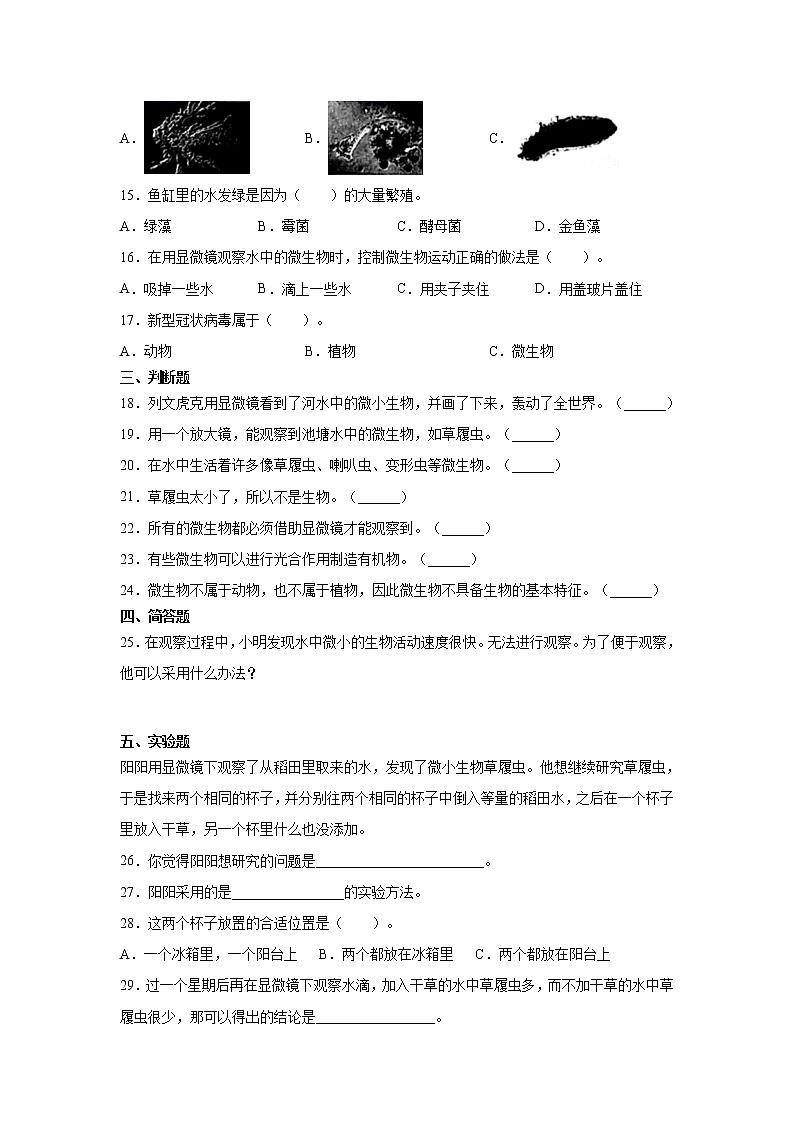 （教科版2017）科学六年级上册1.6 观察水中微小的生物 同步练习（含答案）02