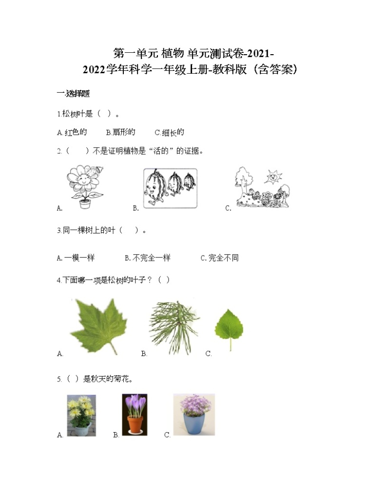 第一单元 植物 单元测试卷-2021-2022学年科学一年级上册-教科版（含答案） (93)01