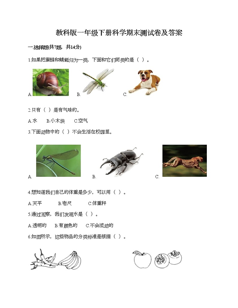 教科版一年级下册科学期末测试卷及答案38第1页