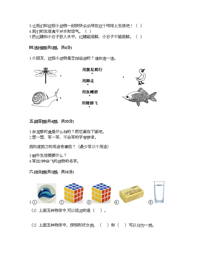 教科版一年级下册科学期末测试卷及答案1303