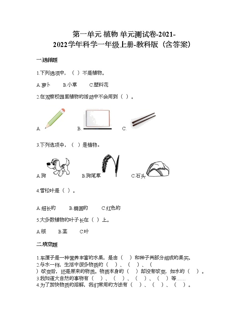 教科版一年级上册科学第一单元 植物 测试卷（含答案） (12)第1页