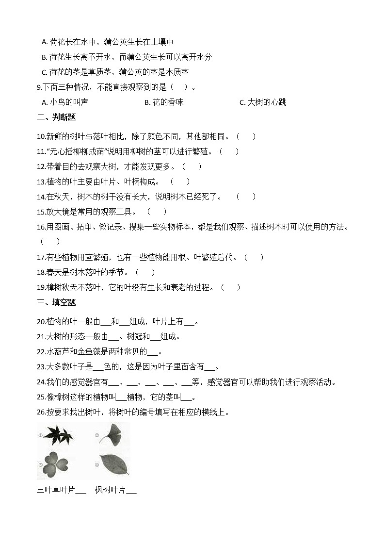 教科版小学科学三年级上册 第一单元测试卷第2页