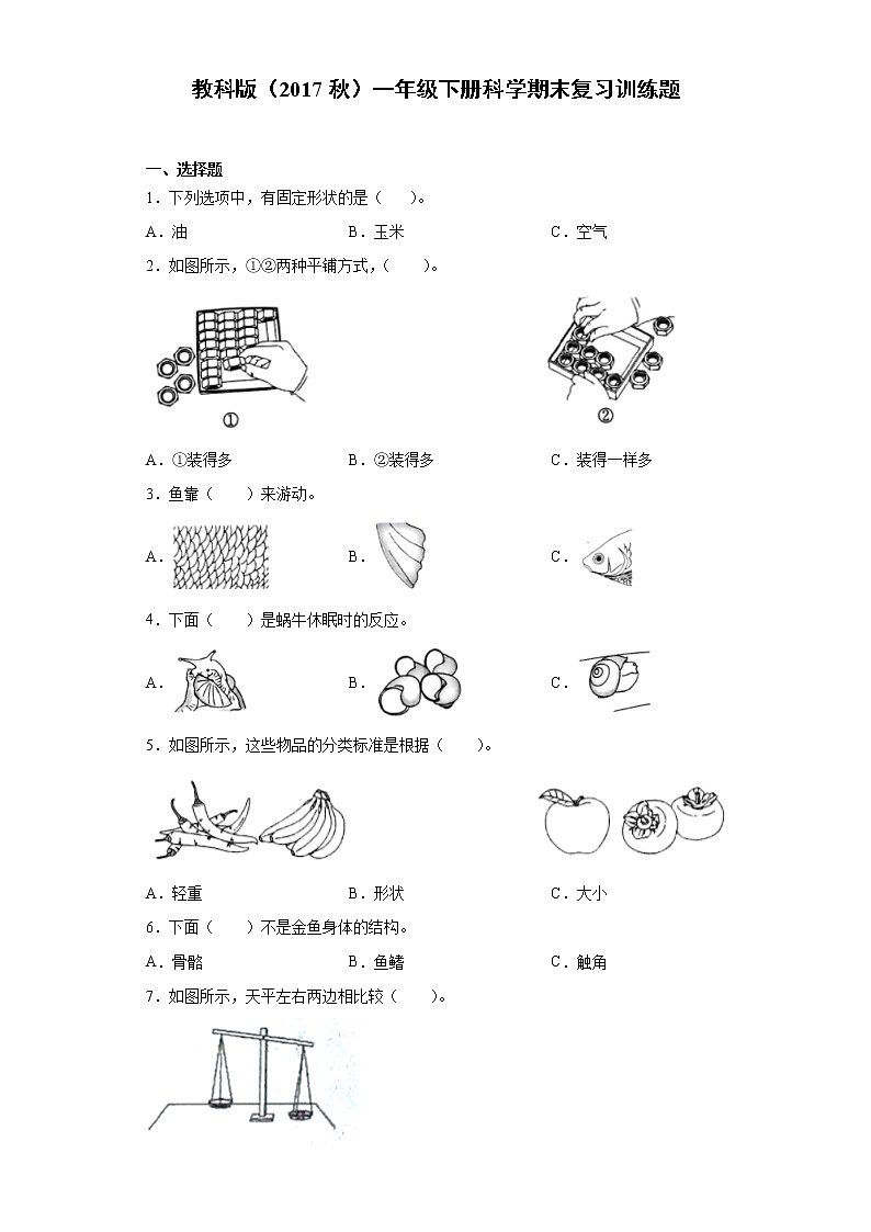 教科版 一年级下册科学期末复习训练题（含答案）第1页