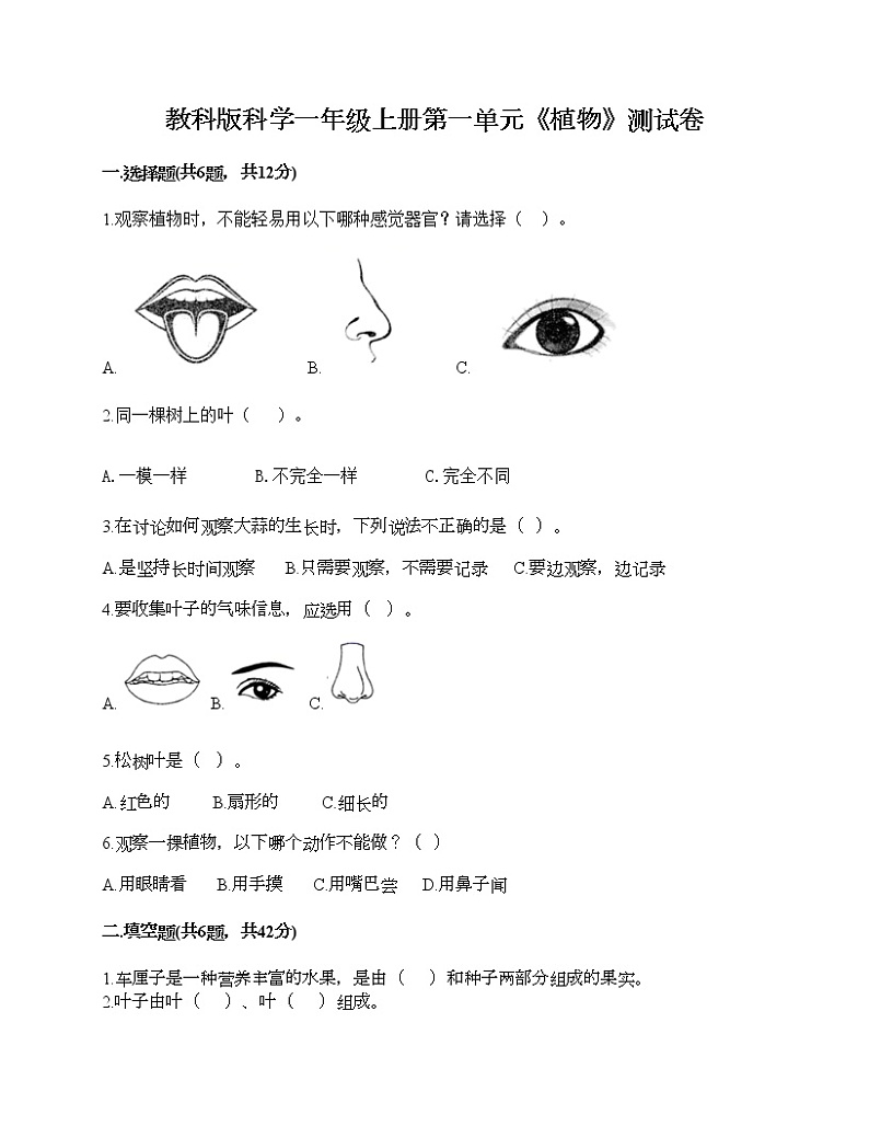教科版科学一年级上册第一单元《植物》测试卷及答案1套第1页