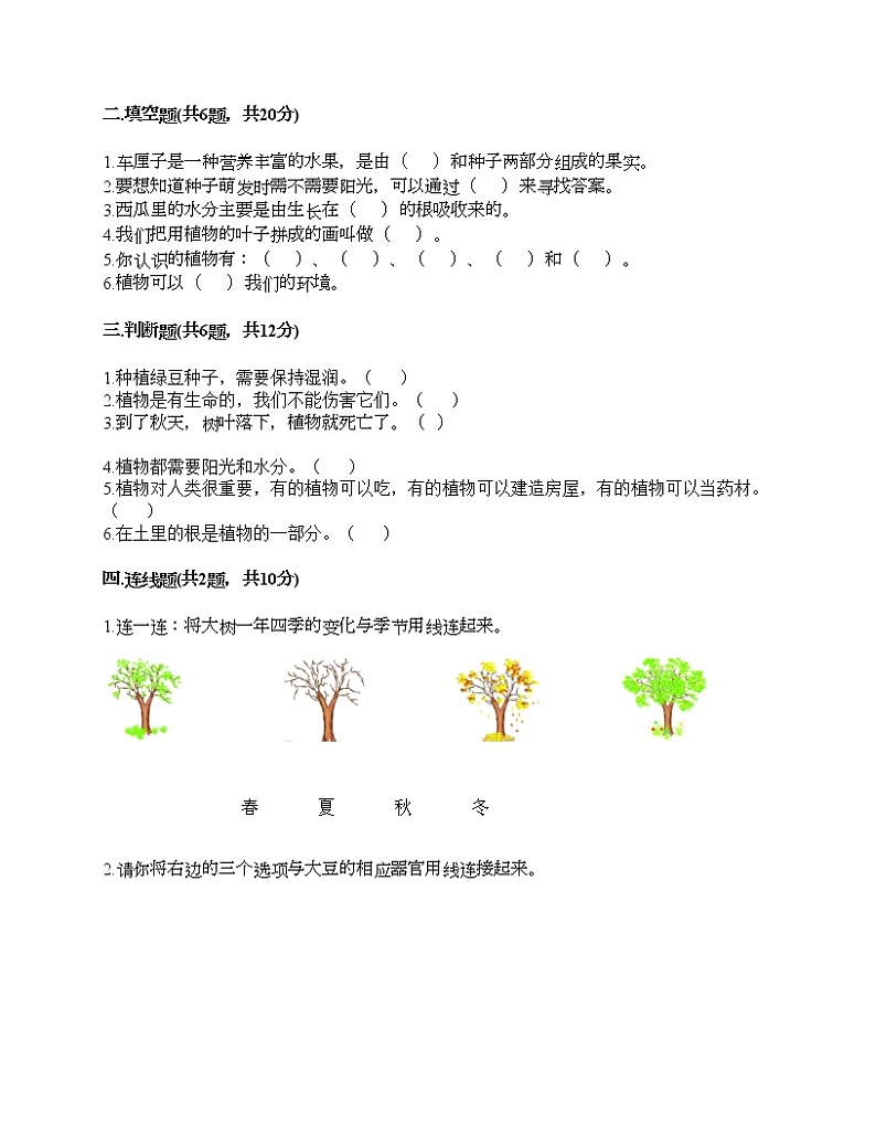 教科版科学一年级上册第一单元《植物》测试卷带答案第2页