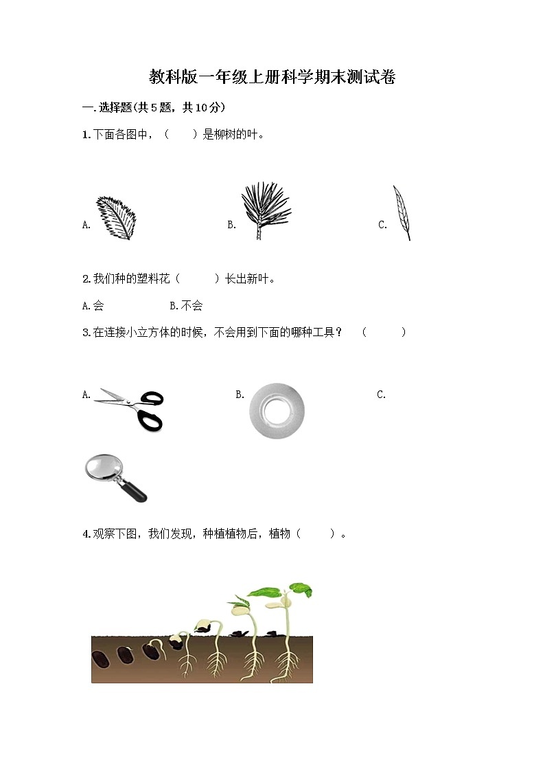 教科版一年级上册科学期末测试卷 (5)01