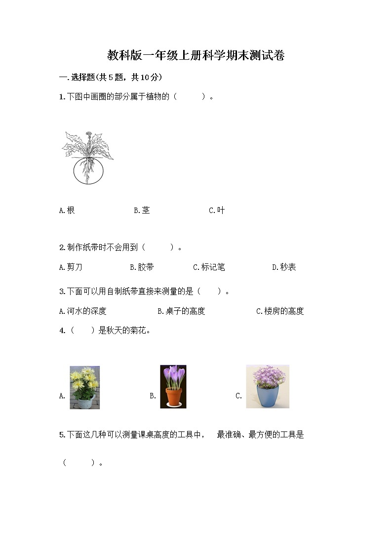 教科版一年级上册科学期末测试卷第1页