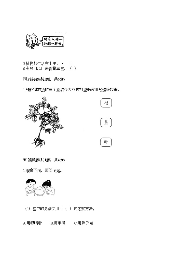 教科版一年级上册科学期末测试卷（轻巧夺冠）第3页