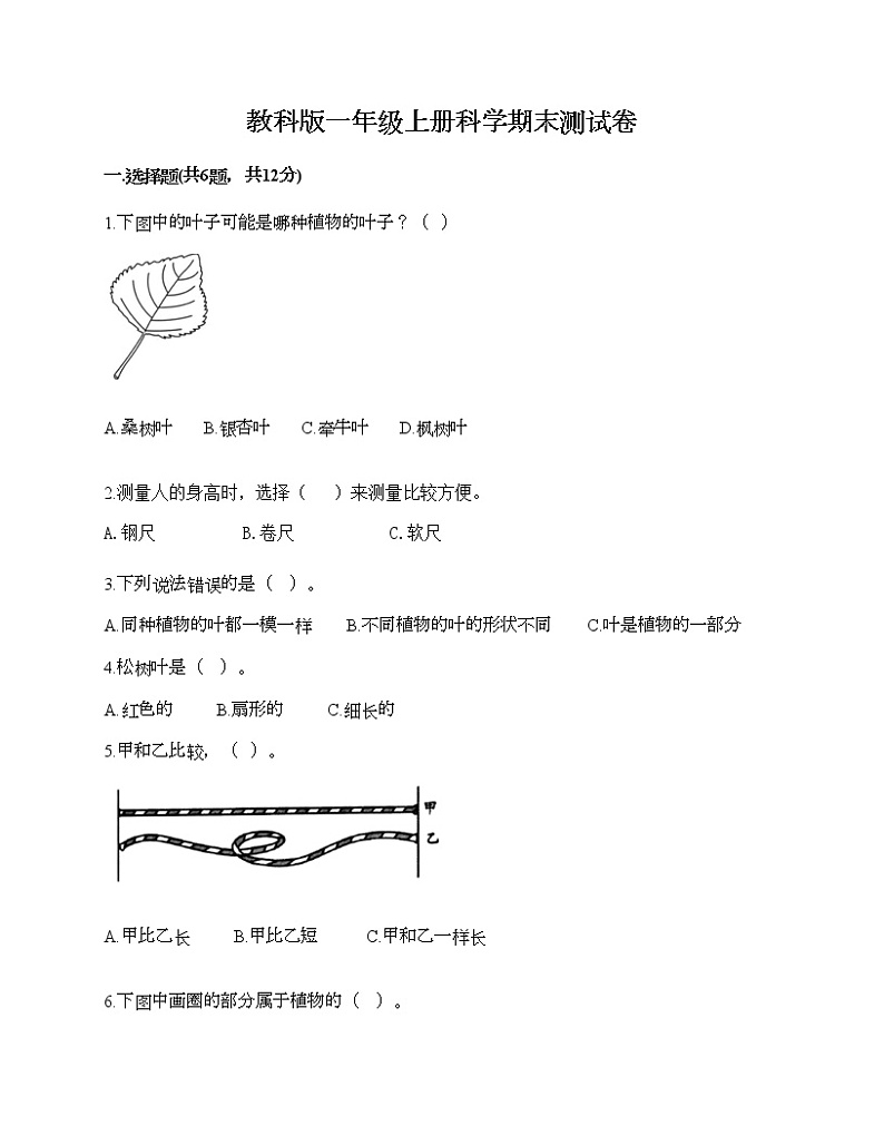 教科版一年级上册科学期末测试卷含答案解析01