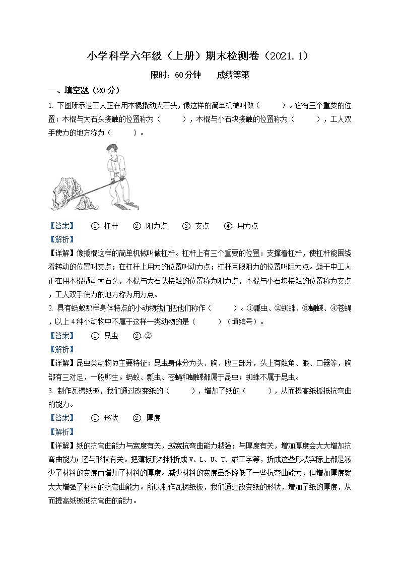 2020-2021学年浙江省嘉兴市南湖区教科版科版科学六年级上册期末考试试卷（word版含答案）01