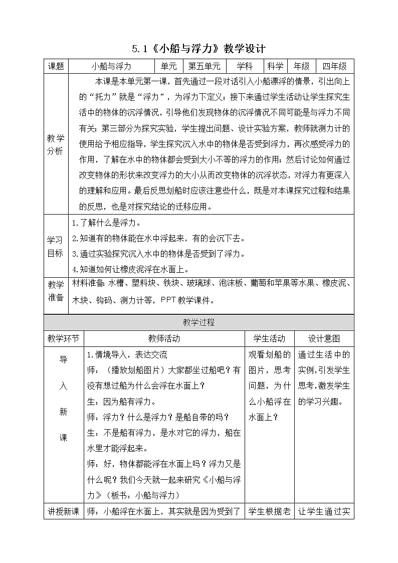 5.1小船与浮力 教案第1页
