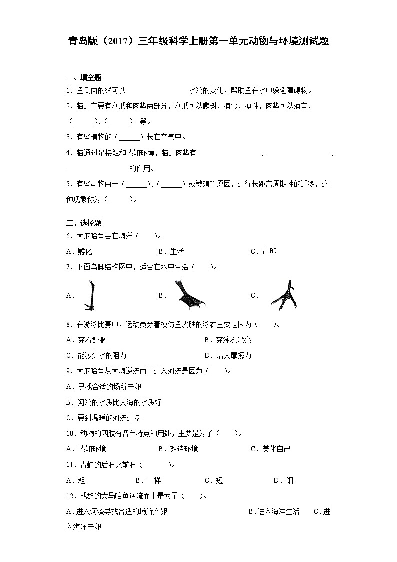 青岛版（2017）三年级科学上册第一单元动物与环境测试题（含答案）01