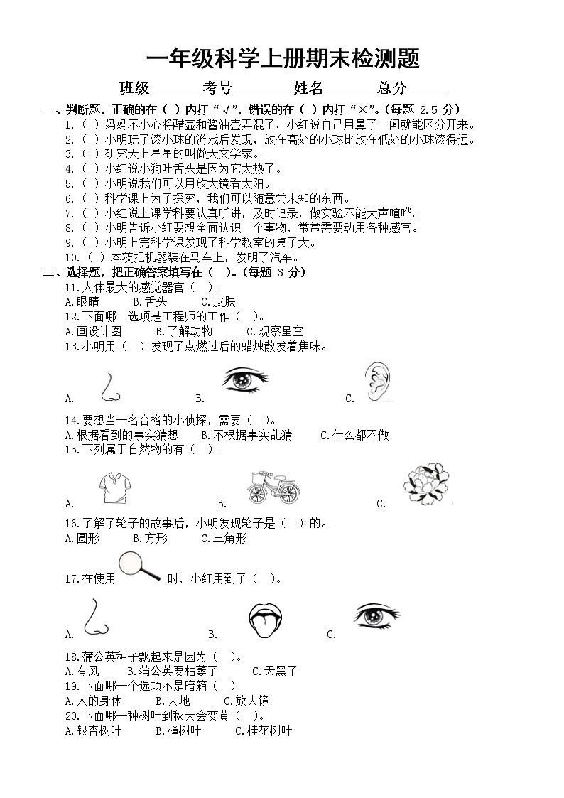 2021-2022学年教科版（2017秋）一年级科学上学期期末期末检测卷（附参考答案）01