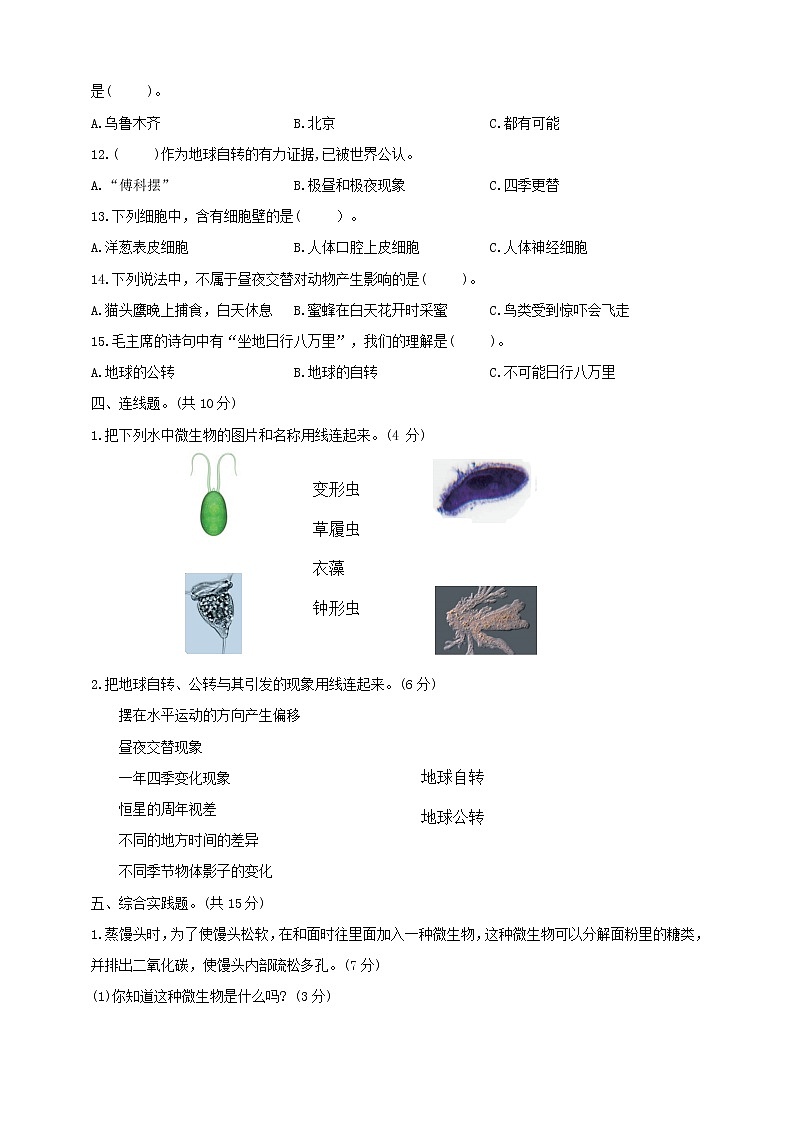 教科版六年级上册科学期中试卷1（含答案）第3页