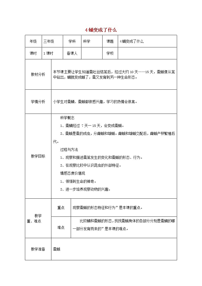 小学三年级科学下册2.4蛹变成了什么教案教科版第1页
