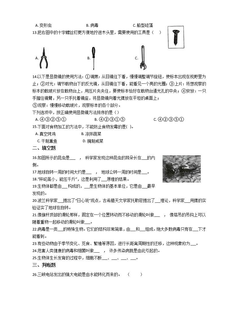 （2017）教科版六年级科学上册期末综合能力质量检测题（一）02