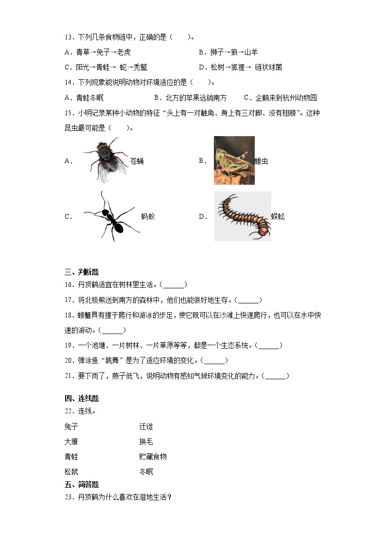 粤教版六年级下册科学第三单元动物与环境检测卷（含答案）02