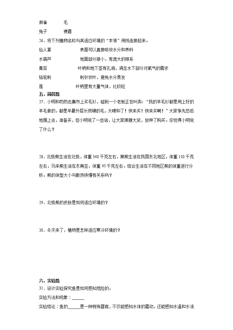 冀人版三年级下册科学第二单元动植物对环境的适应检测卷（附答案）第3页