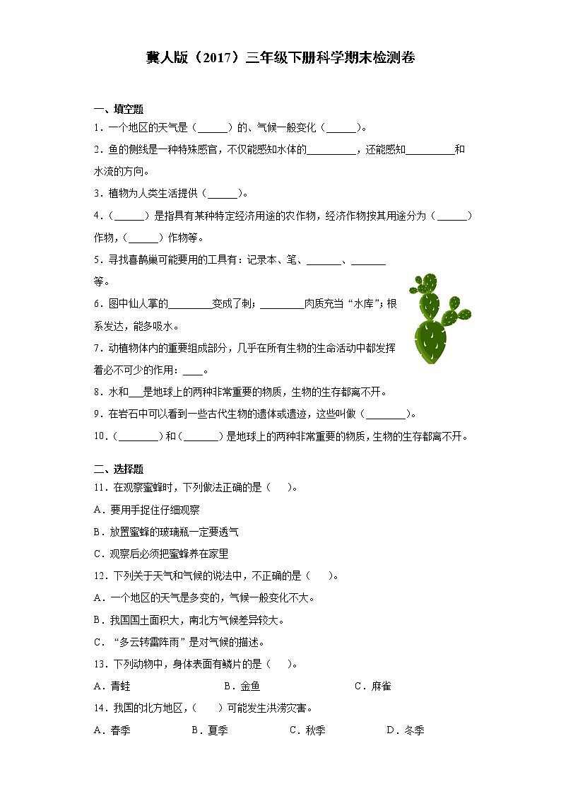 冀人版三年级下册科学期末检测题（附答案）01