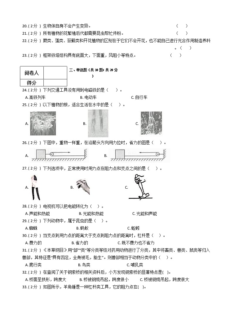 2021—2022科教版六年级科学上册期末测试（3）第2页