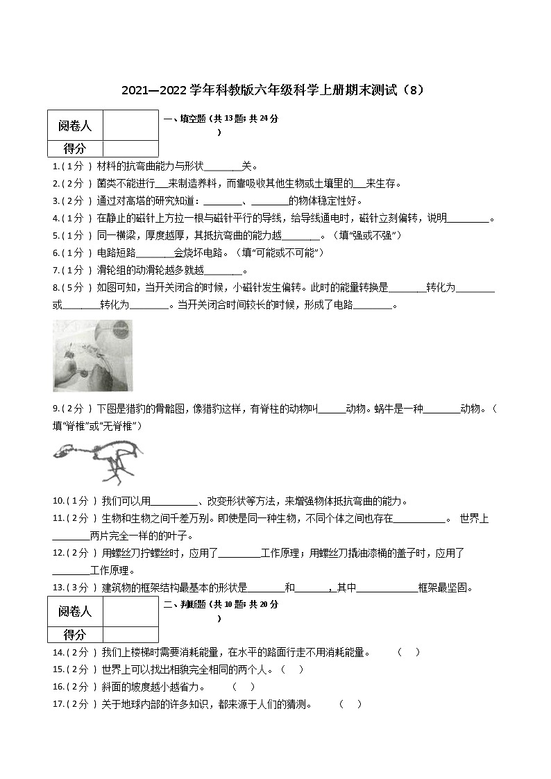 2021—2022学年科教版六年级科学上册期末测试（8）第1页