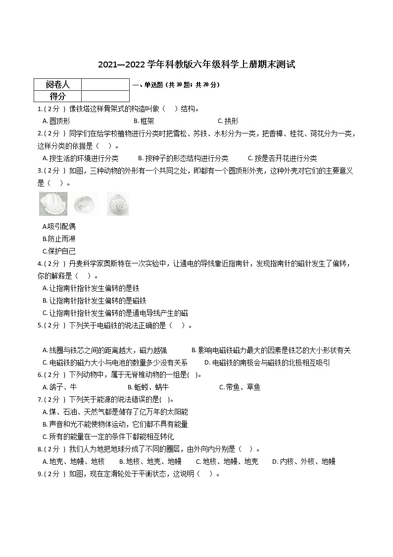 2021—2022学年科教版六年级科学上册期末测试第1页